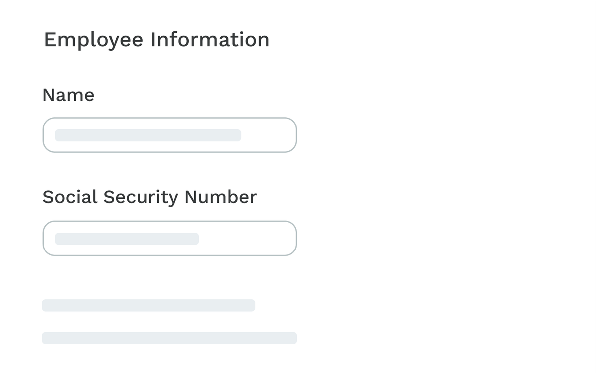 Form with inputs for employee’s name and social security number in Symmetry Payroll Forms.