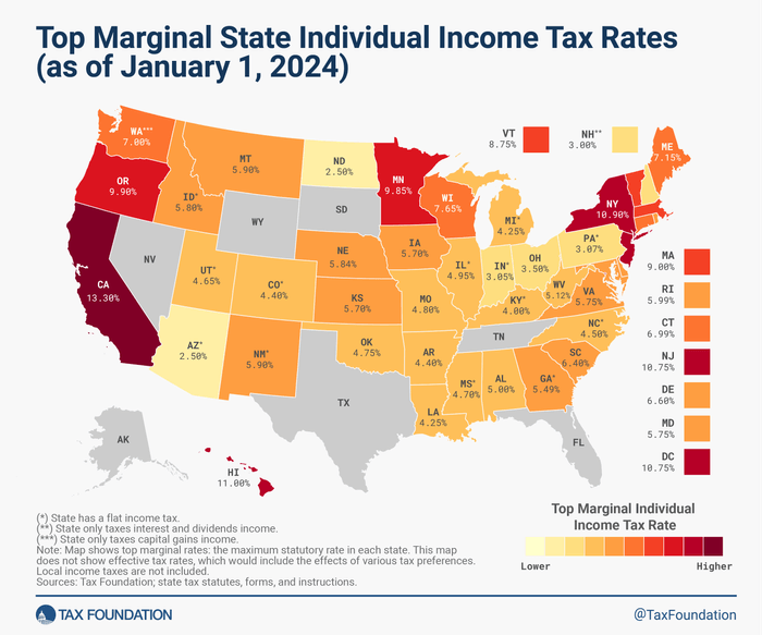 U.S. map of individual Income tax rates across US states in 2024