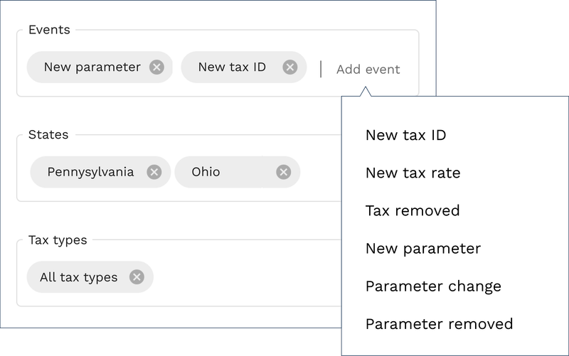 Customize which payroll tax types, states and change type you want to receive webhook notifications about.