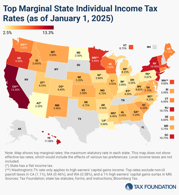 Individual Income tax rates across US states in 2025 U.S. map of individual Income tax rates across US states in 2025