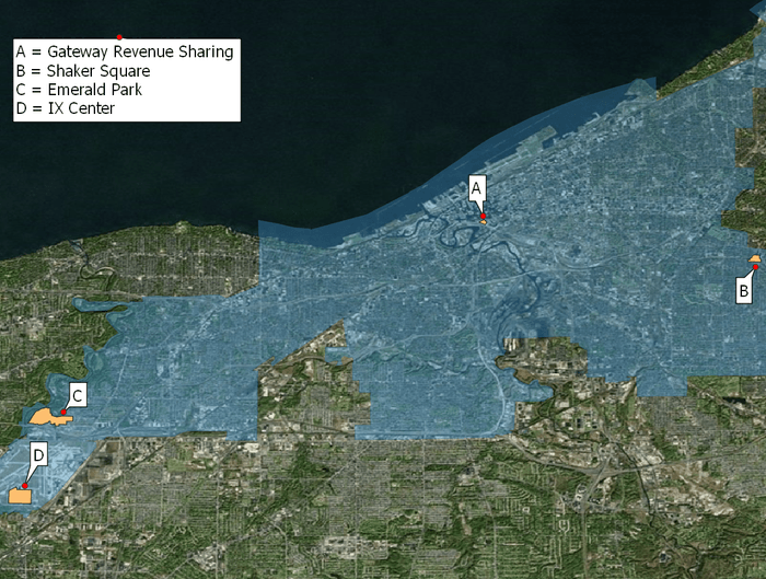 The four revenue sharing areas in Cleveland, OH: Gateway Revenue Sharing, Shaker Square, Emerald Park, and IX Center.