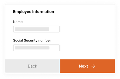 Form with inputs for employee’s name and social security number in Symmetry Payroll Forms.